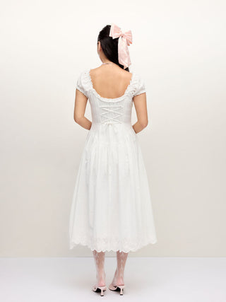 Cotton Broderie Anglaise Sweetheart Puff Sleeve Lace Up Maxi Dress