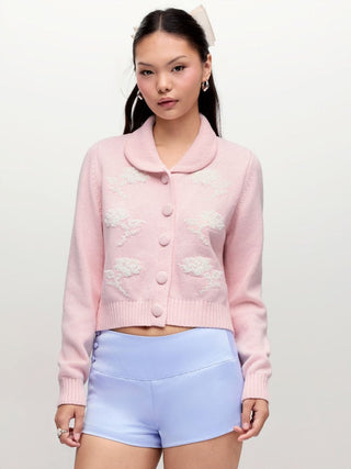 Cotton-blend Floral Embroidery Peter Pan Collar Long Sleeve Knit Top