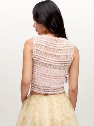 Mesh Boat Neck Ruched Textured See-Through Tank Top