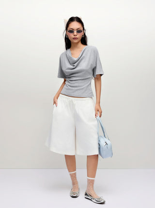 Cotton-blend Cowl Neck Short Sleeve Tee