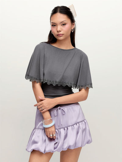 Boat Neck Cloak Sleeve Lace Trim Tie Back Top