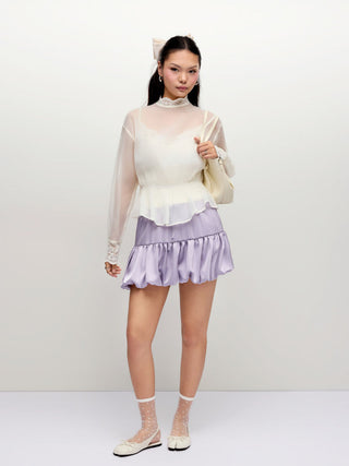Chiffon Stand Collar Lace Panel Leg-of-mutton Sleeve Blouse