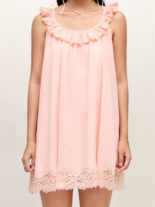 Cotton-blend Scoop Neckline Ruffle Lace Trim Oversized Smock Mini Dress