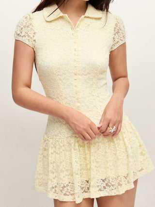 Floral Lace Puff Sleeve Low Rise Shirt Mini Dress