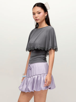 Boat Neck Cloak Sleeve Lace Trim Tie Back Top