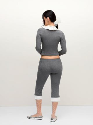 Cotton-blend Color-block Peter Pan Collar Top & Low Rise Capri Pants Set