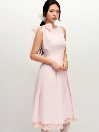 Boat Neck Bowknot Lace Trim A-line Midi Dress
