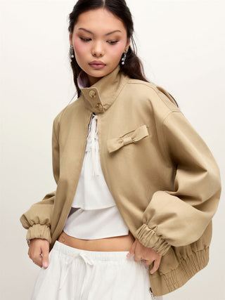 Cotton-blend Turtleneck Lantern Sleeve Bowknot Two Way Oversized Jacket