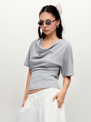 Cotton-blend Cowl Neck Short Sleeve Tee