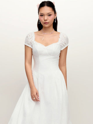 Cotton Broderie Anglaise Sweetheart Puff Sleeve Lace Up Maxi Dress
