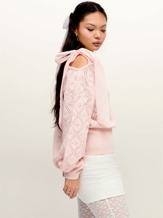 Knit Pointelle Asymmetrical Neck Puff Sleeve Bowknot Top