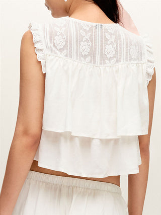 Linen-blend Embroidery Ruffle Hem Bowknot Crop Blouse
