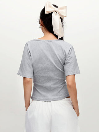 Cotton-blend Cowl Neck Short Sleeve Tee
