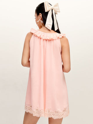 Cotton-blend Scoop Neckline Ruffle Lace Trim Oversized Smock Mini Dress