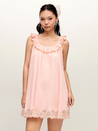Cotton-blend Scoop Neckline Ruffle Lace Trim Oversized Smock Mini Dress
