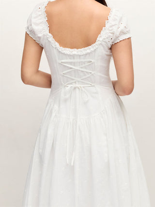 Cotton Broderie Anglaise Sweetheart Puff Sleeve Lace Up Maxi Dress