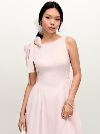 Boat Neck Bowknot Lace Trim A-line Midi Dress
