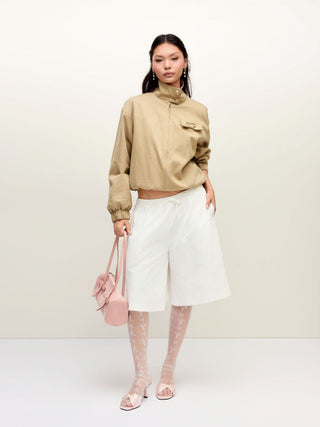 Cotton-blend Turtleneck Lantern Sleeve Bowknot Two Way Oversized Jacket