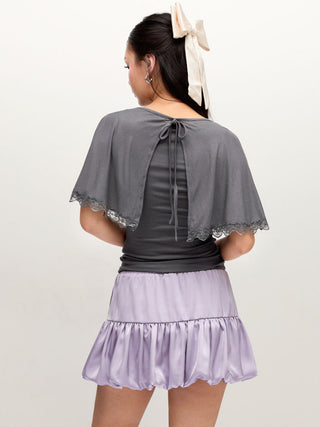 Boat Neck Cloak Sleeve Lace Trim Tie Back Top