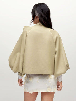 Cotton-blend Asymmetrical Neck Lantern Sleeve Bowknot Oversized Trench Coat