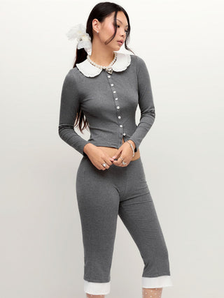 Cotton-blend Color-block Peter Pan Collar Top & Low Rise Capri Pants Set