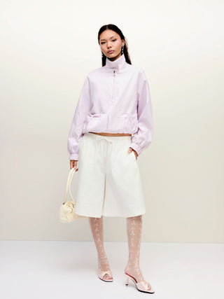 Cotton-blend Turtleneck Lantern Sleeve Bowknot Two Way Oversized Jacket