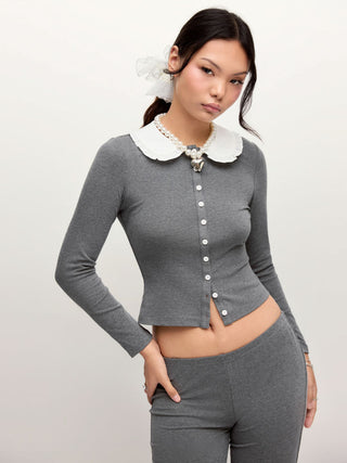 Cotton-blend Color-block Peter Pan Collar Top & Low Rise Capri Pants Set