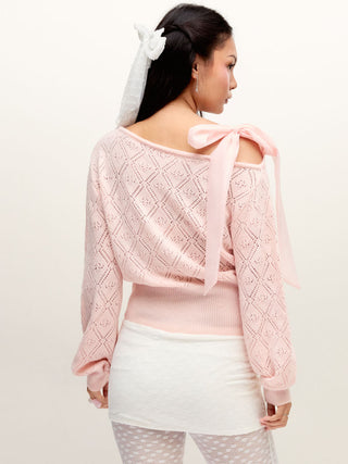 Knit Pointelle Asymmetrical Neck Puff Sleeve Bowknot Top