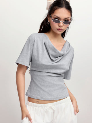 Cotton-blend Cowl Neck Short Sleeve Tee