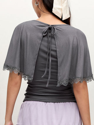 Boat Neck Cloak Sleeve Lace Trim Tie Back Top