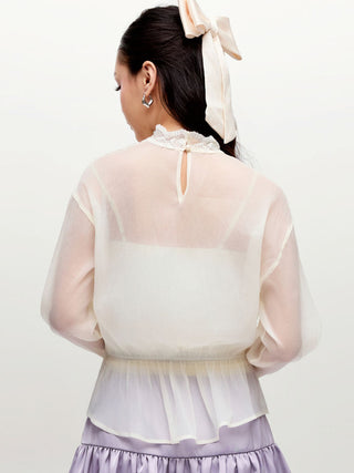 Chiffon Stand Collar Lace Panel Leg-of-mutton Sleeve Blouse