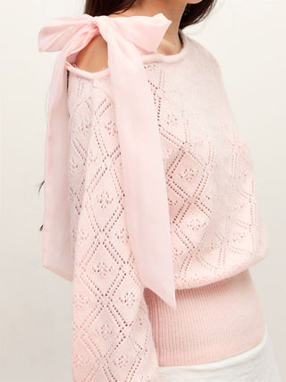 Knit Pointelle Asymmetrical Neck Puff Sleeve Bowknot Top