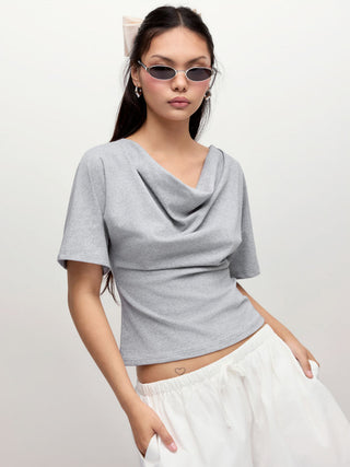 Cotton-blend Cowl Neck Short Sleeve Tee