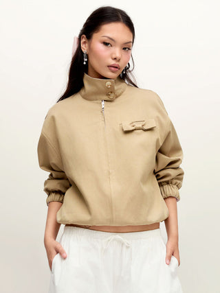 Cotton-blend Turtleneck Lantern Sleeve Bowknot Two Way Oversized Jacket