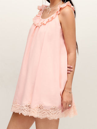Cotton-blend Scoop Neckline Ruffle Lace Trim Oversized Smock Mini Dress