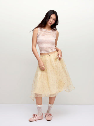 Mesh Boat Neck Ruched Textured See-Through Tank Top