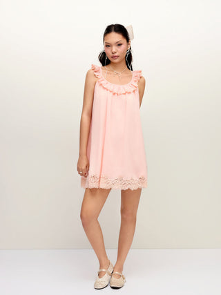 Cotton-blend Scoop Neckline Ruffle Lace Trim Oversized Smock Mini Dress