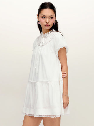 Linen-blend Turtleneck Puff Sleeve Lace Trim Oversized Smock Mini Dress