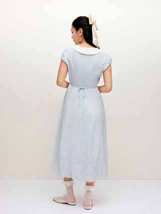 Striped Peter Pan Collar Puff Sleeve Color-block A-line Maxi Dress
