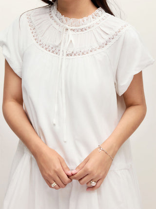 Linen-blend Turtleneck Puff Sleeve Lace Trim Oversized Smock Mini Dress