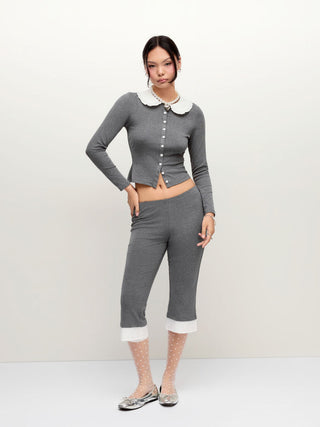 Cotton-blend Color-block Peter Pan Collar Top & Low Rise Capri Pants Set