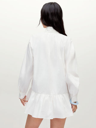Cotton Stand Collar Lantern Sleeve Bowknot A-line Oversized Mini Dress