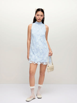Floral Stand Collar Bowknot A-line Mini Dress