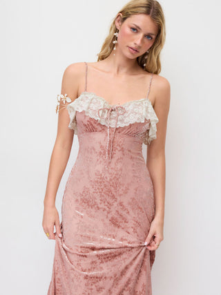 Mesh Textured Sweetheart Neck Lace Trim Bowknot Slit Maxi Dress