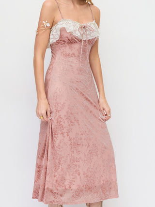Mesh Textured Sweetheart Neck Lace Trim Bowknot Slit Maxi Dress