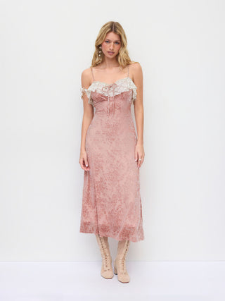 Mesh Textured Sweetheart Neck Lace Trim Bowknot Slit Maxi Dress