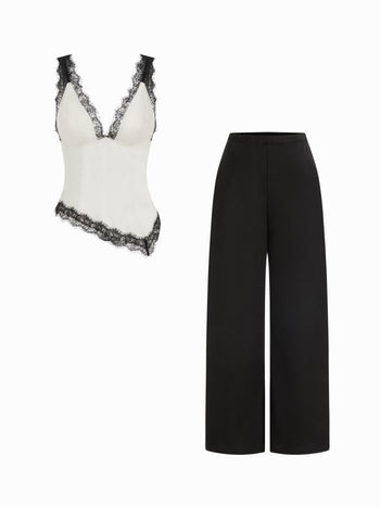 Satin V-neck Contrasting Lace Hanky Hem Top & Mid Rise Wide Leg Trousers Set