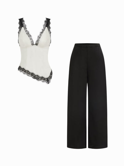 Satin V-neck Contrasting Lace Hanky Hem Top & Mid Rise Wide Leg Trousers Set