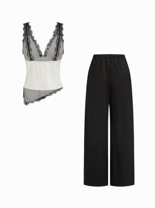 Satin V-neck Contrasting Lace Hanky Hem Top & Mid Rise Wide Leg Trousers Set