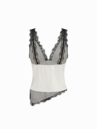Satin V-neck Contrasting Lace Hanky Hem Top & Mid Rise Wide Leg Trousers Set